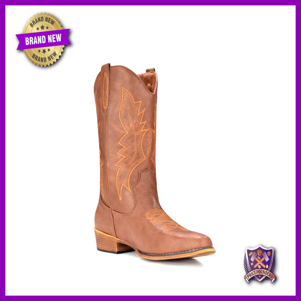 Western Cowboy Boots Pointy Toe Mid Calf Pull On Chunky Heel Elegant
